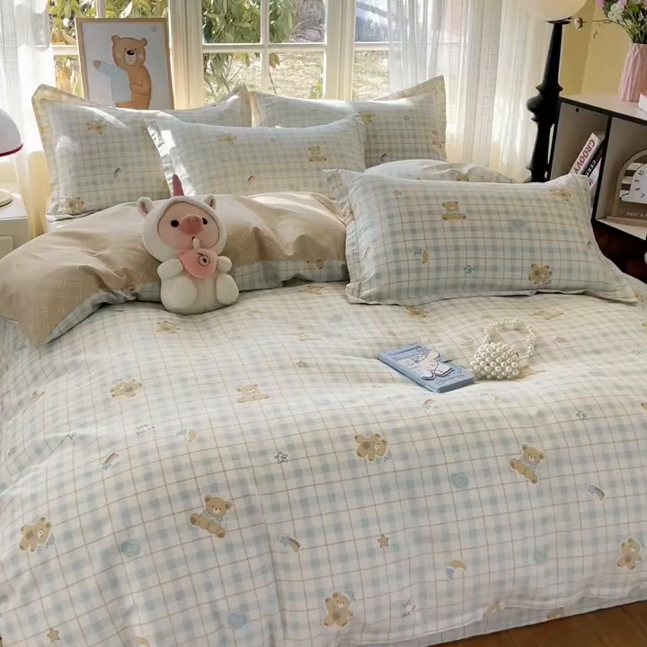 91家纺网 家纺一手货源 找家纺 铭成家纺 2026新款全棉印花小清新四件套（提供买家秀） 卡其小熊