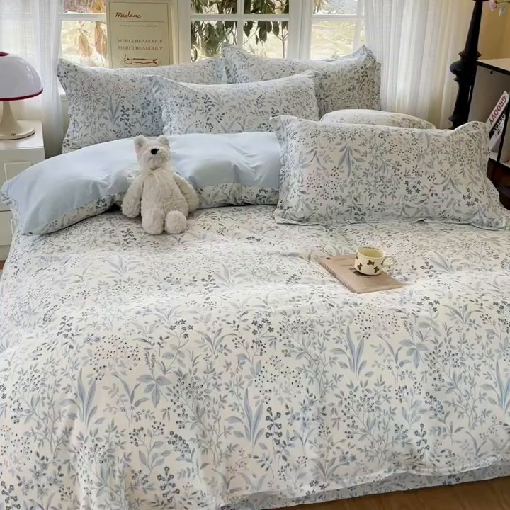 91家纺网 家纺一手货源 找家纺 铭成家纺 2026新款全棉印花小清新四件套（提供买家秀） 蓝沫