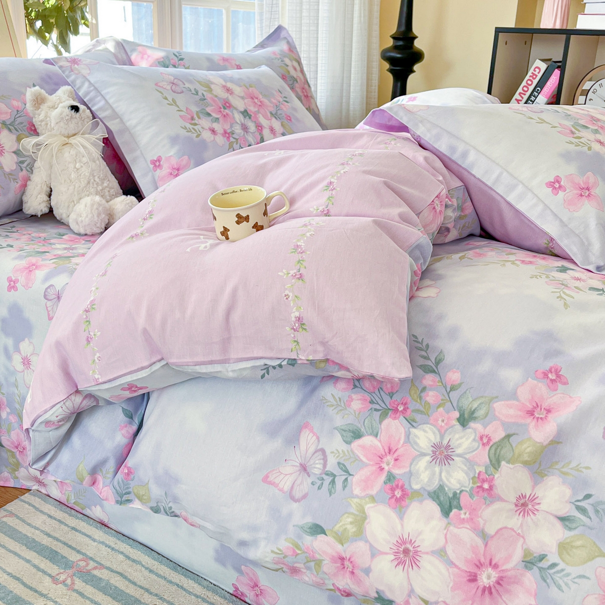 91家纺网 家纺一手货源 找家纺 铭成家纺 2026新款全棉印花小清新四件套（提供买家秀） 恋蝶花香