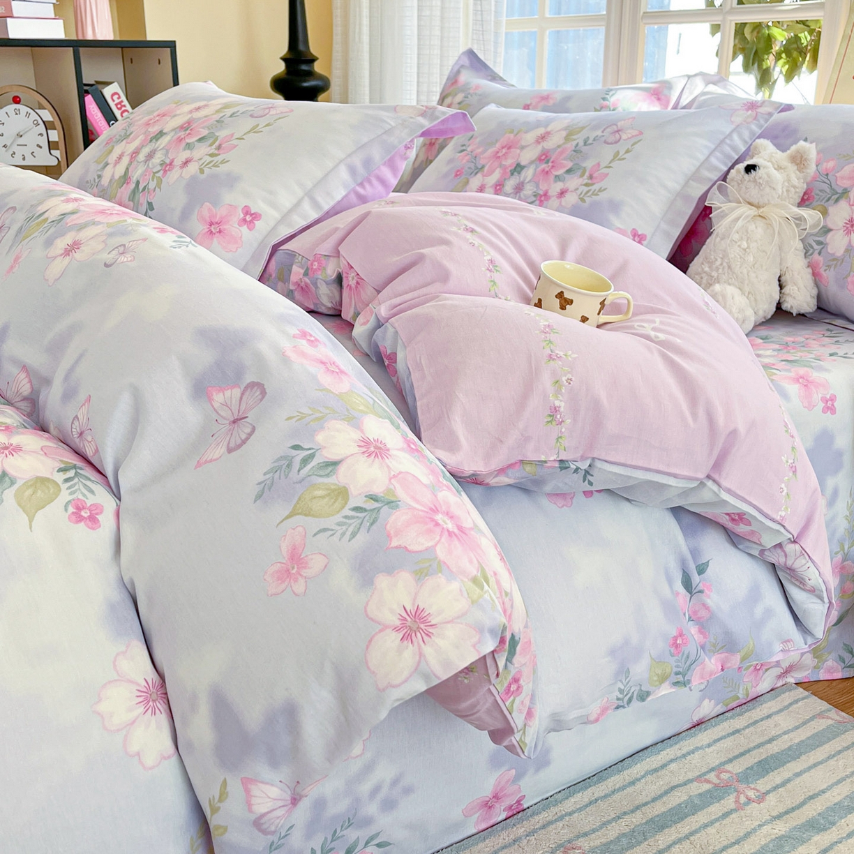 91家纺网 家纺一手货源 找家纺 铭成家纺 2026新款全棉印花小清新四件套（提供买家秀） 恋蝶花香