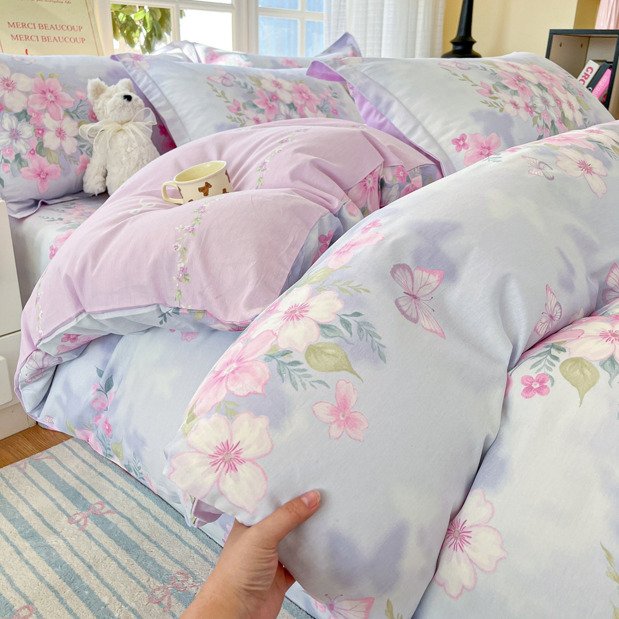 91家纺网 家纺一手货源 找家纺 铭成家纺 2026新款全棉印花小清新四件套（提供买家秀） 恋蝶花香