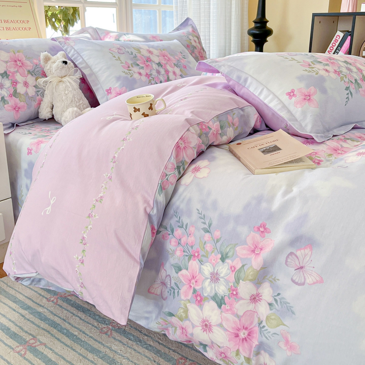 91家纺网 家纺一手货源 找家纺 铭成家纺 2026新款全棉印花小清新四件套（提供买家秀） 恋蝶花香