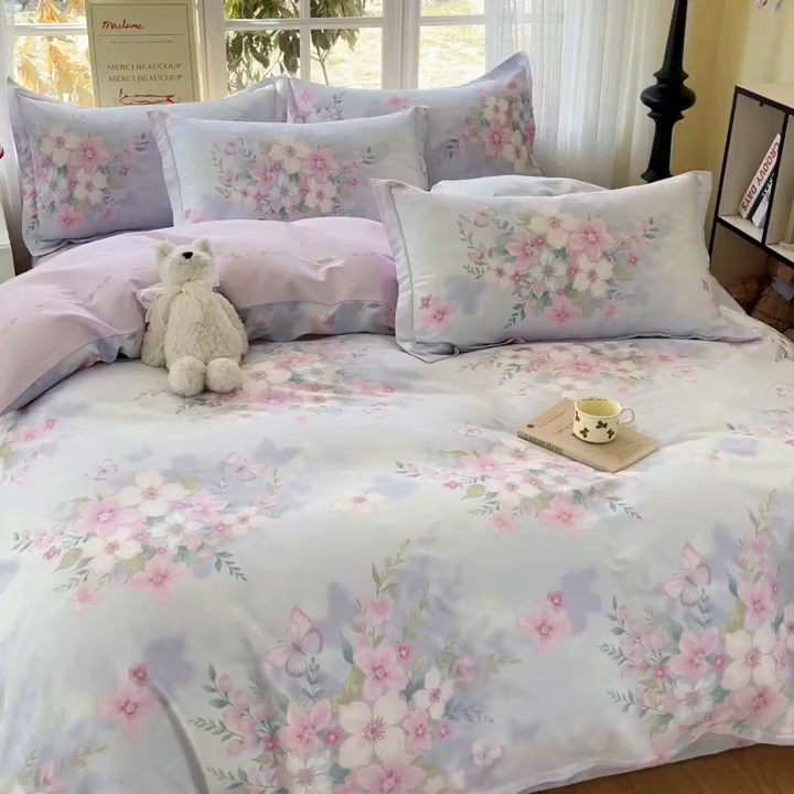 91家纺网 家纺一手货源 找家纺 铭成家纺 2026新款全棉印花小清新四件套（提供买家秀） 恋蝶花香