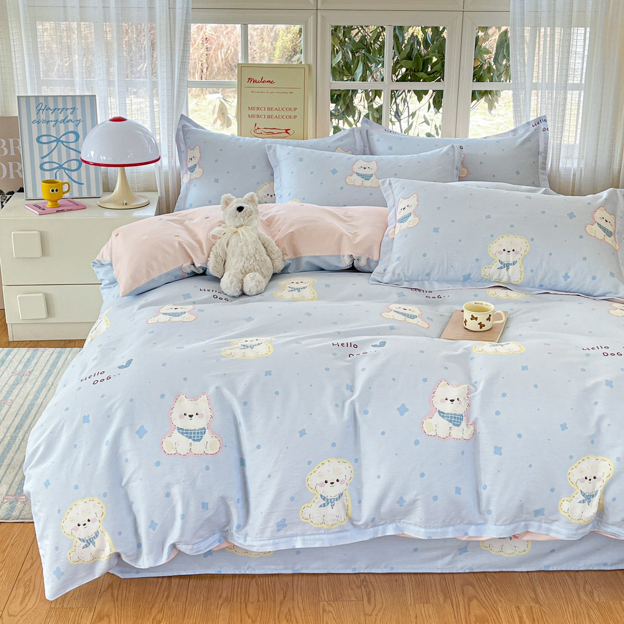 91家纺网 家纺一手货源 找家纺 铭成家纺 2026新款全棉印花小清新四件套（提供买家秀） 纳瑞小狗