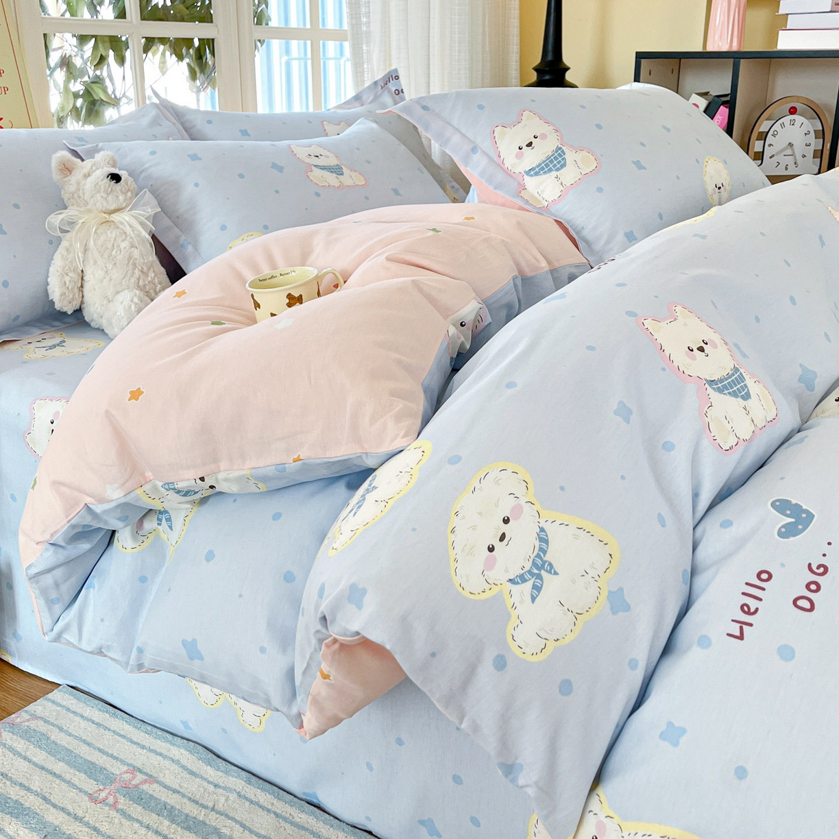 91家纺网 家纺一手货源 找家纺 铭成家纺 2026新款全棉印花小清新四件套（提供买家秀） 纳瑞小狗