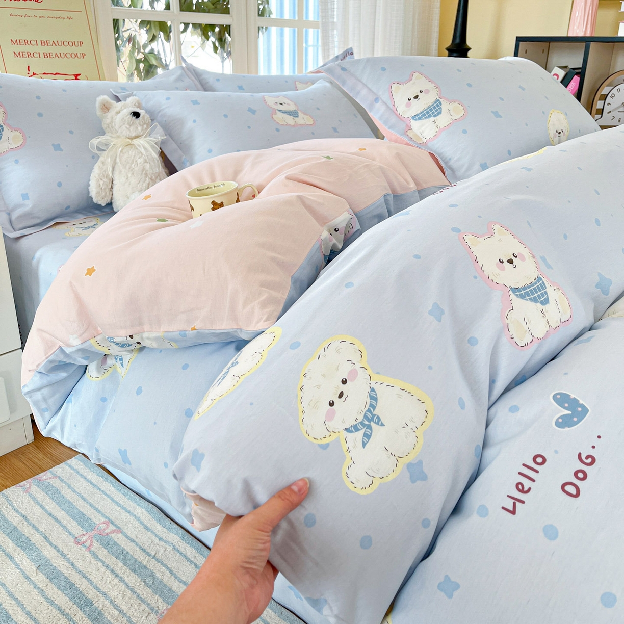 91家纺网 家纺一手货源 找家纺 铭成家纺 2026新款全棉印花小清新四件套（提供买家秀） 纳瑞小狗