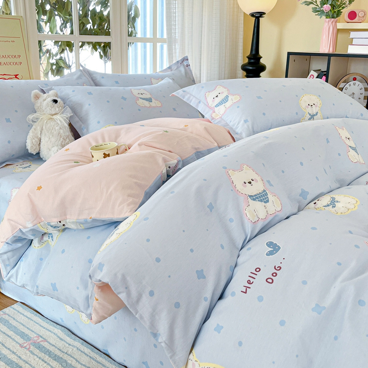 91家纺网 家纺一手货源 找家纺 铭成家纺 2026新款全棉印花小清新四件套（提供买家秀） 纳瑞小狗