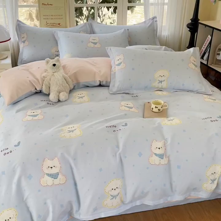 91家纺网 家纺一手货源 找家纺 铭成家纺 2026新款全棉印花小清新四件套（提供买家秀） 纳瑞小狗