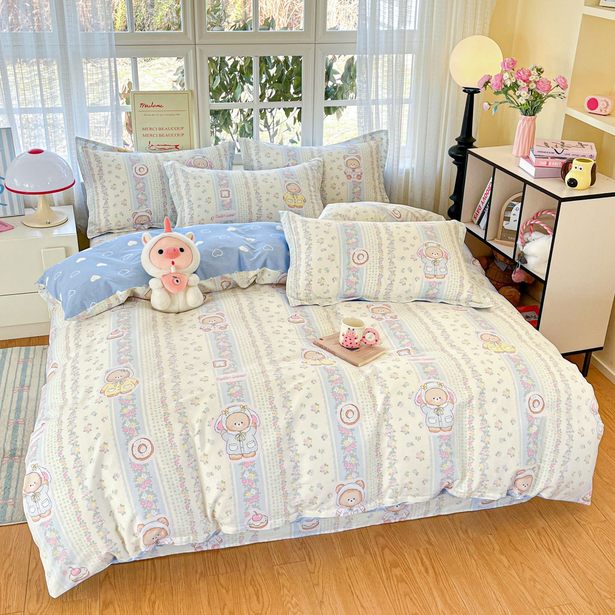 91家纺网 家纺一手货源 找家纺 铭成家纺 2026新款全棉印花小清新四件套（提供买家秀） 甜甜圈小熊