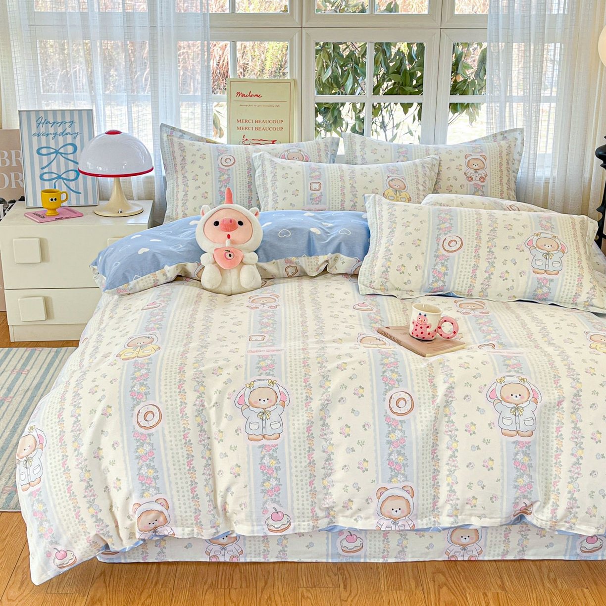 91家纺网 家纺一手货源 找家纺 铭成家纺 2026新款全棉印花小清新四件套（提供买家秀） 甜甜圈小熊