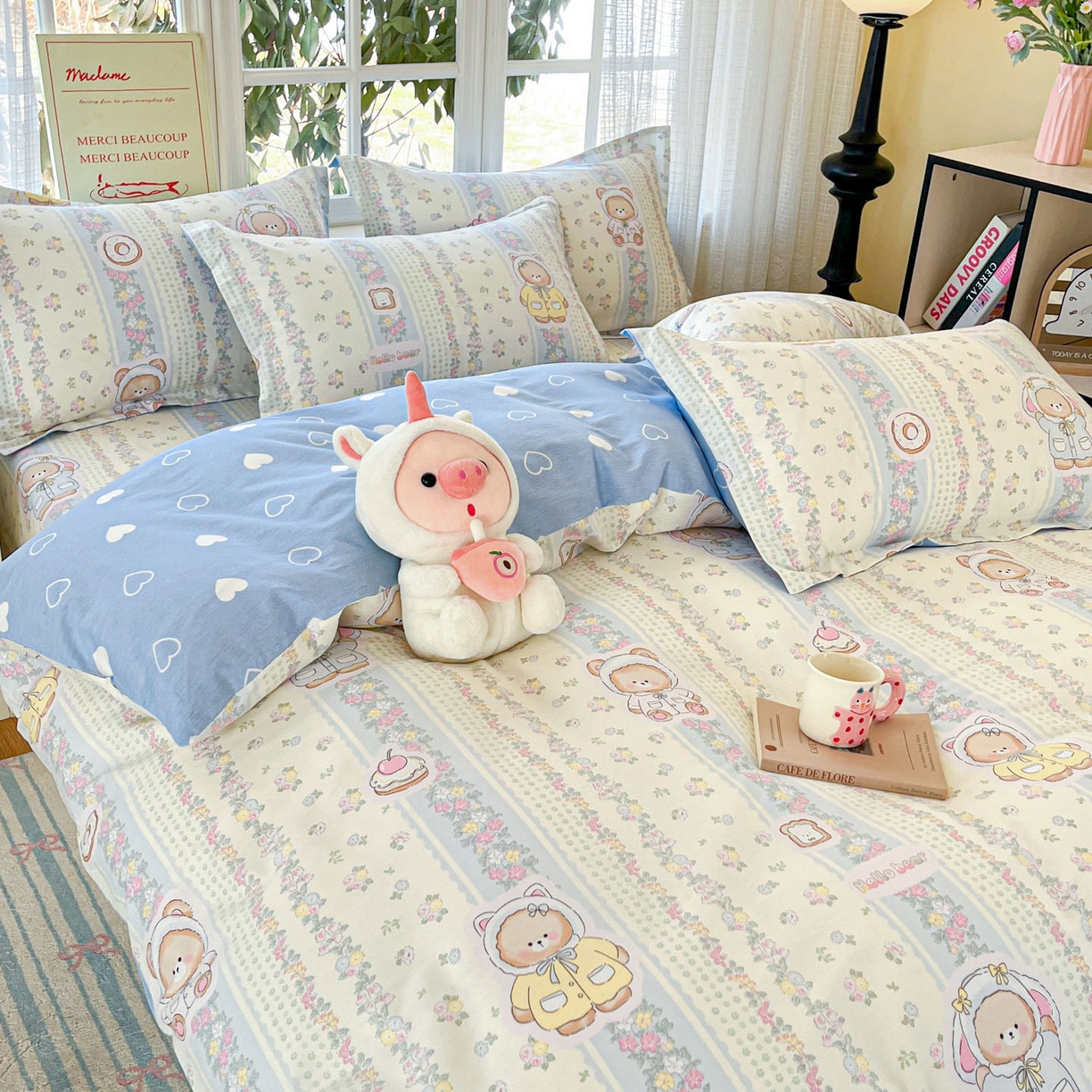 91家纺网 家纺一手货源 找家纺 铭成家纺 2026新款全棉印花小清新四件套（提供买家秀） 甜甜圈小熊