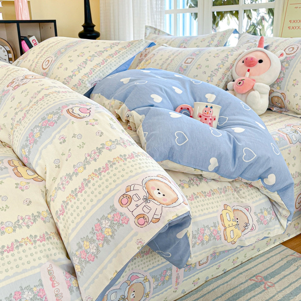 91家纺网 家纺一手货源 找家纺 铭成家纺 2026新款全棉印花小清新四件套（提供买家秀） 甜甜圈小熊