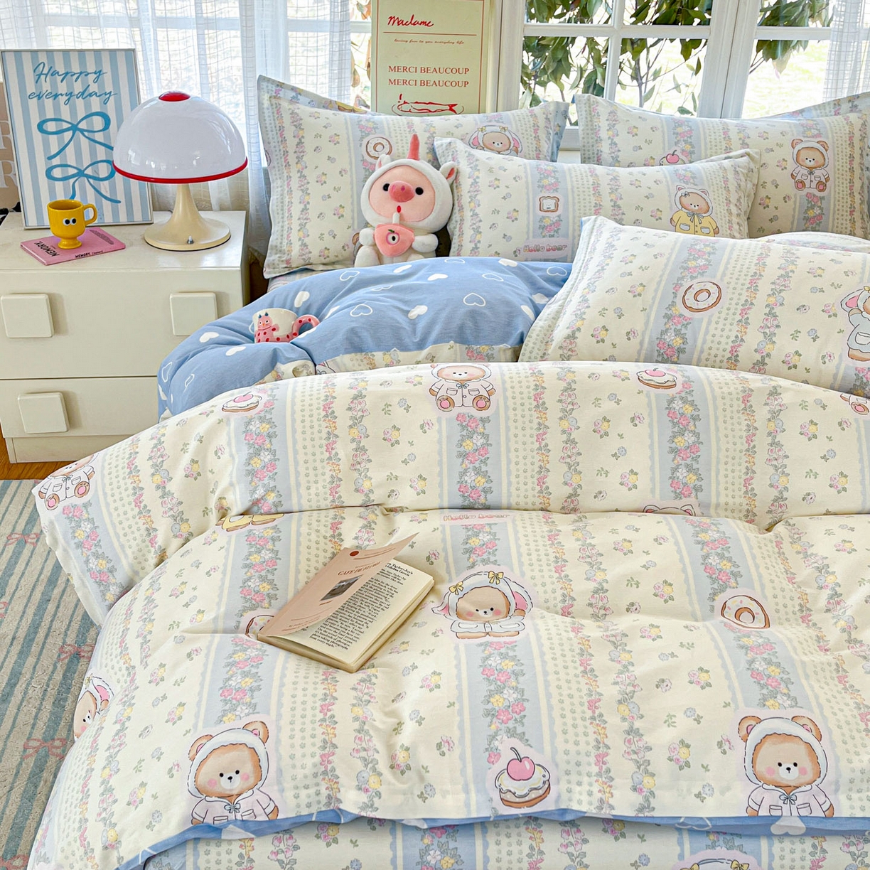 91家纺网 家纺一手货源 找家纺 铭成家纺 2026新款全棉印花小清新四件套（提供买家秀） 甜甜圈小熊