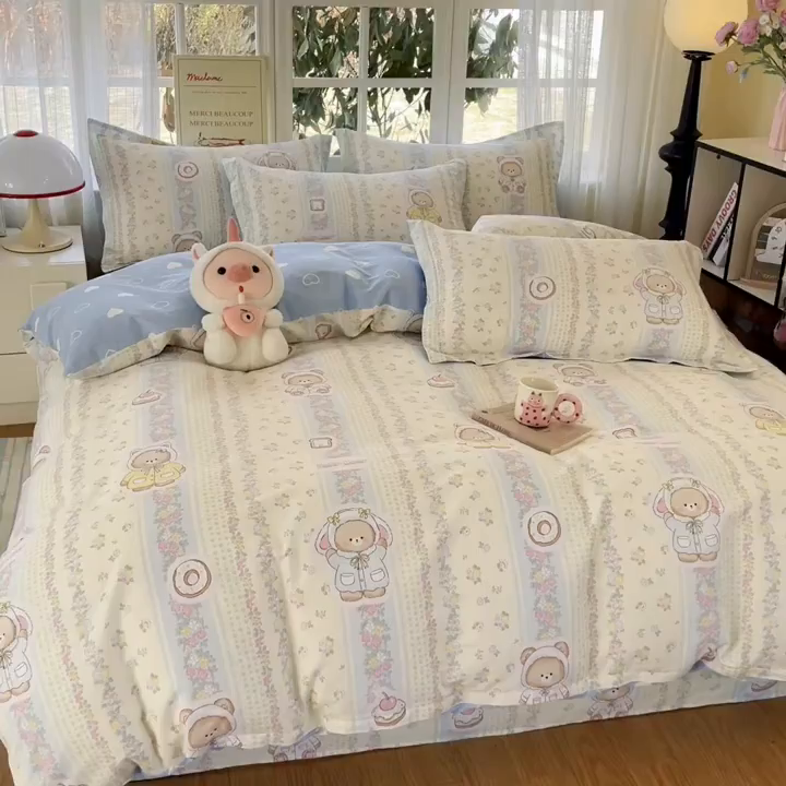 91家纺网 家纺一手货源 找家纺 铭成家纺 2026新款全棉印花小清新四件套（提供买家秀） 甜甜圈小熊