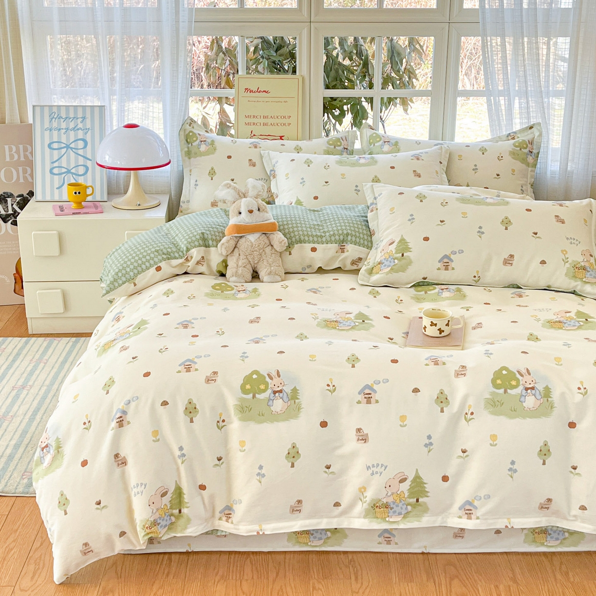 91家纺网 家纺一手货源 找家纺 铭成家纺 2026新款全棉印花小清新四件套（提供买家秀） 兔子探险