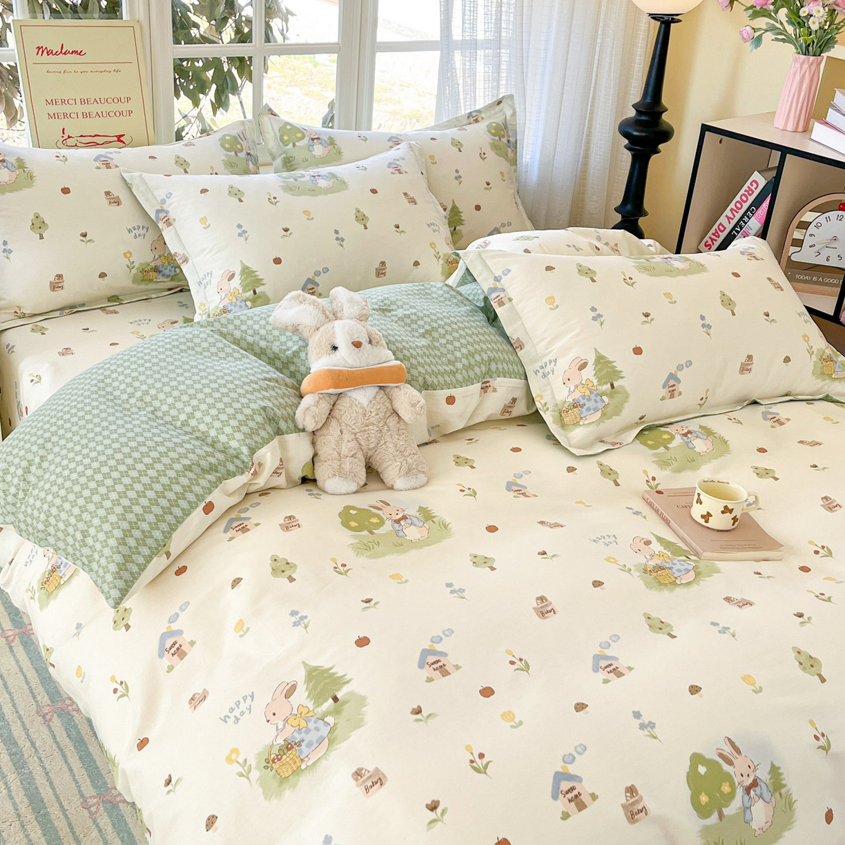 91家纺网 家纺一手货源 找家纺 铭成家纺 2026新款全棉印花小清新四件套（提供买家秀） 兔子探险