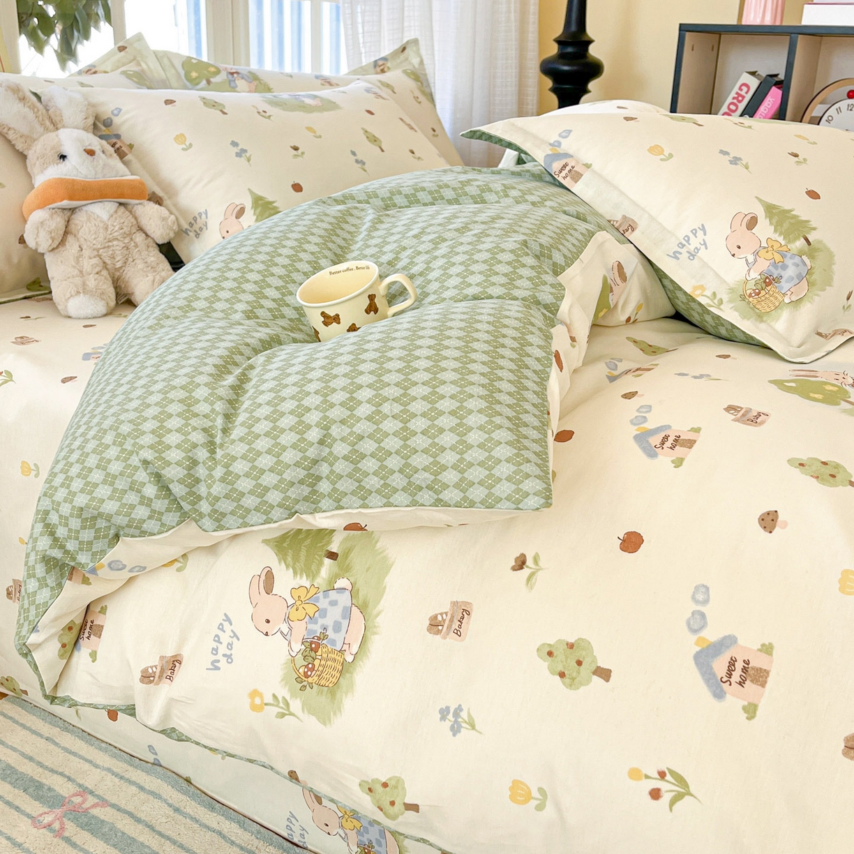 91家纺网 家纺一手货源 找家纺 铭成家纺 2026新款全棉印花小清新四件套（提供买家秀） 兔子探险