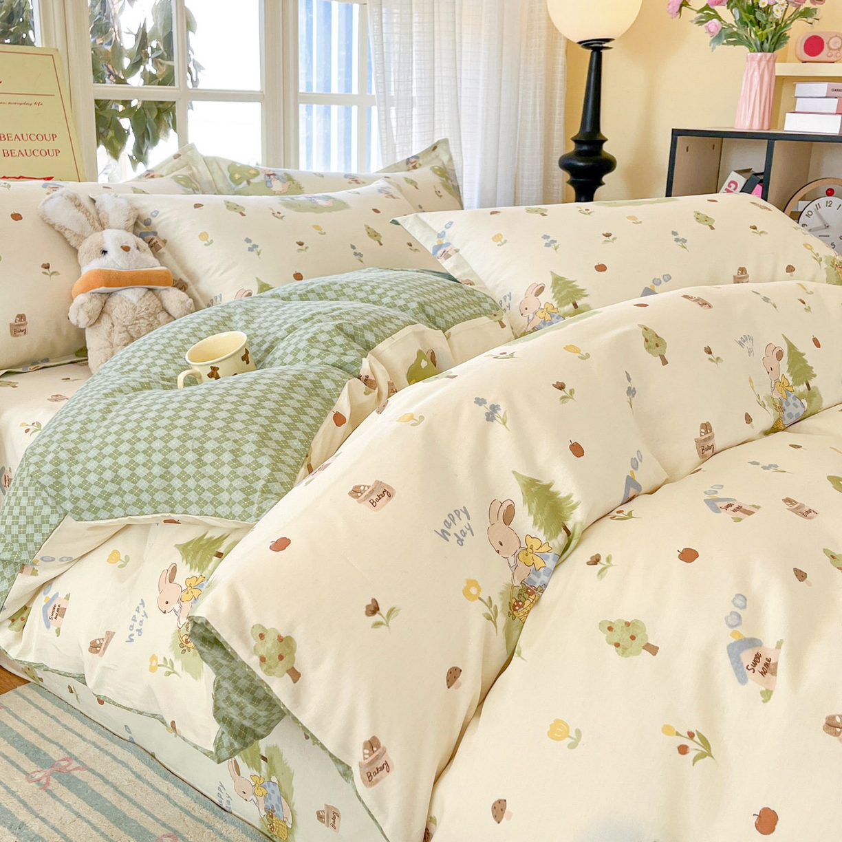 91家纺网 家纺一手货源 找家纺 铭成家纺 2026新款全棉印花小清新四件套（提供买家秀） 兔子探险