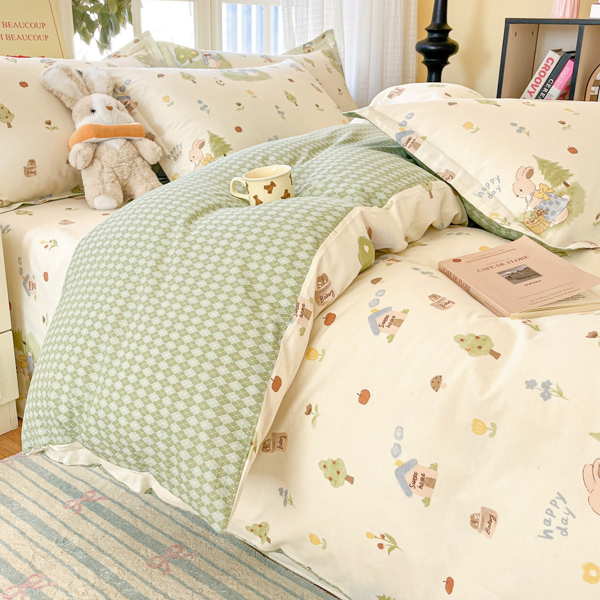 91家纺网 家纺一手货源 找家纺 铭成家纺 2026新款全棉印花小清新四件套（提供买家秀） 兔子探险