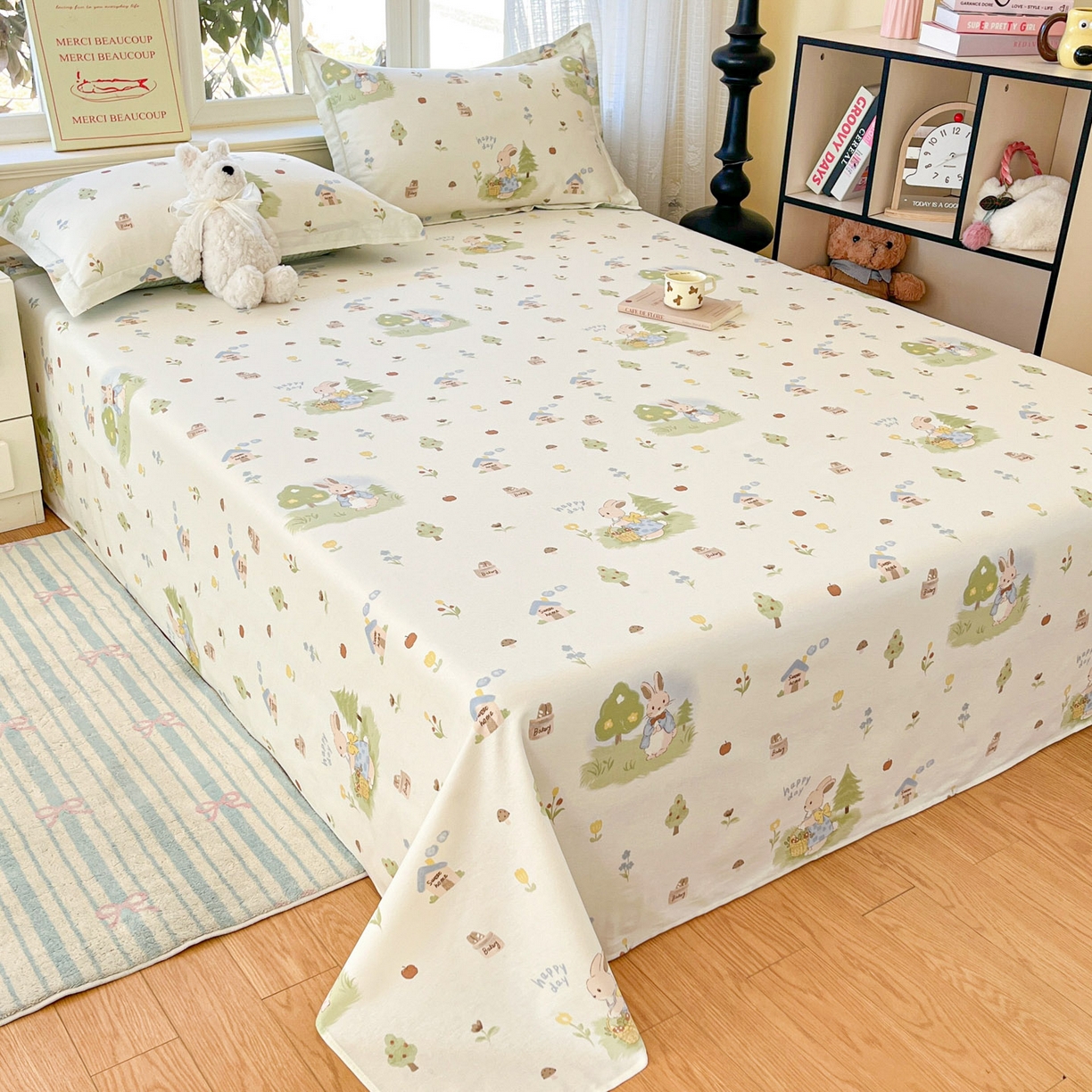 91家纺网 家纺一手货源 找家纺 铭成家纺 2026新款全棉印花小清新四件套（提供买家秀） 兔子探险