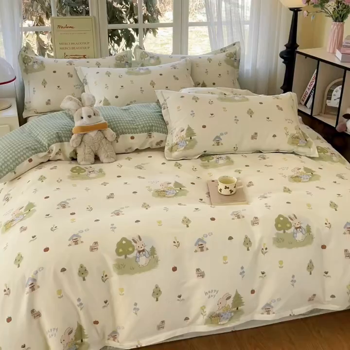 91家纺网 家纺一手货源 找家纺 铭成家纺 2026新款全棉印花小清新四件套（提供买家秀） 兔子探险