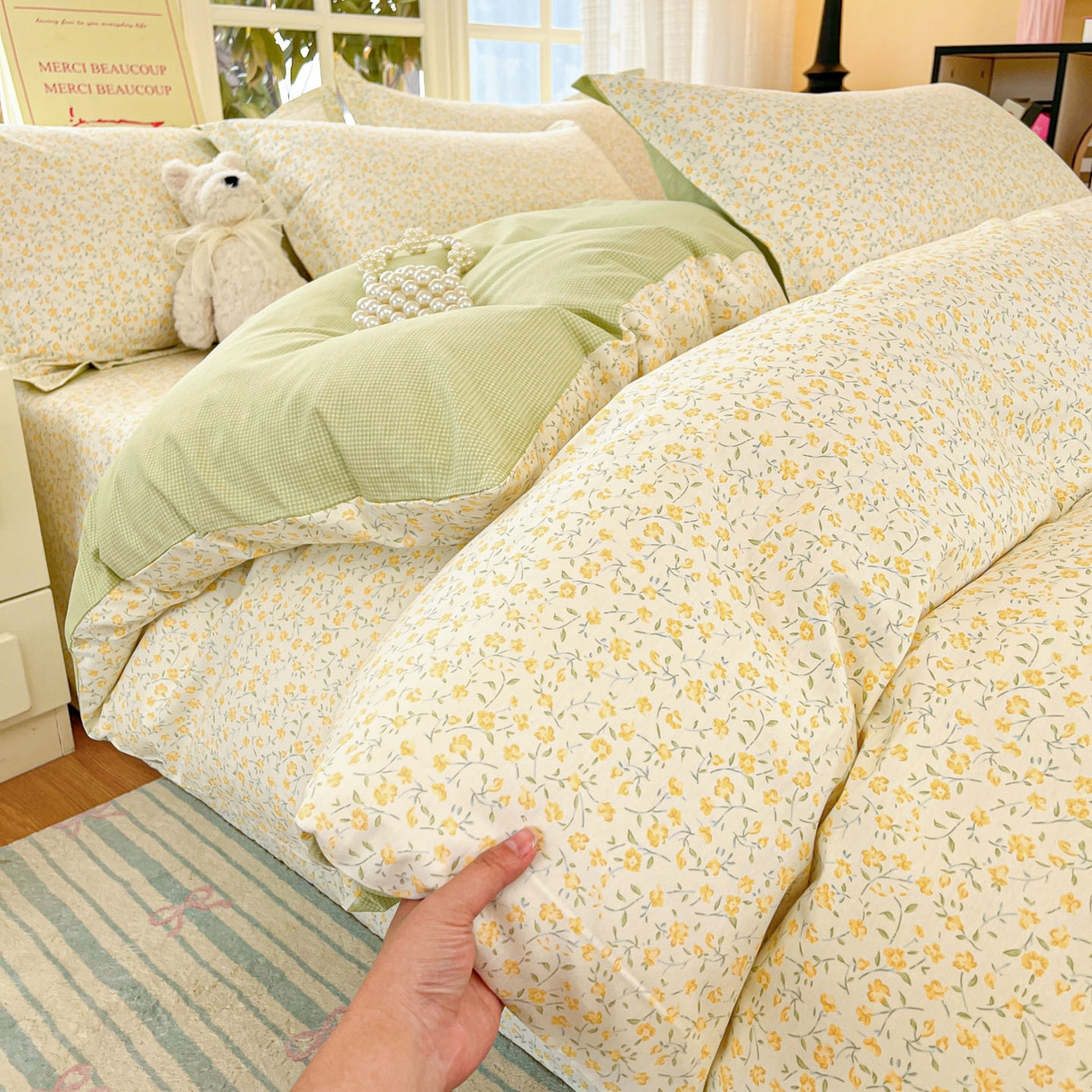 91家纺网 家纺一手货源 找家纺 铭成家纺 2026新款全棉印花小清新四件套（提供买家秀） 杏曳