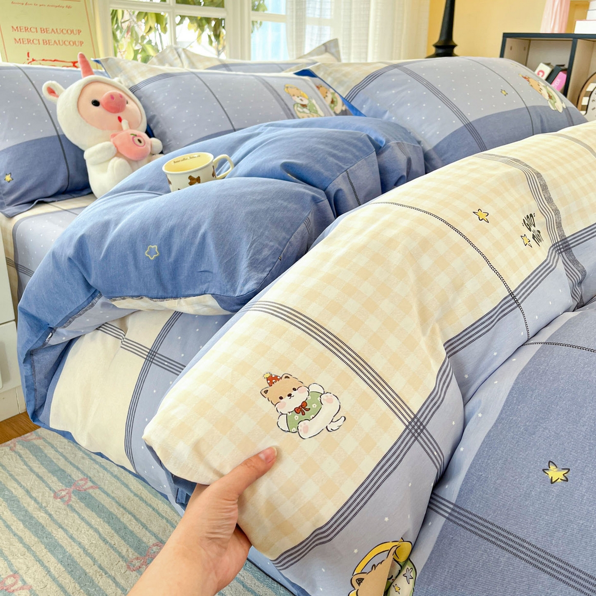 91家纺网 家纺一手货源 找家纺 铭成家纺 2026新款全棉印花小清新四件套（提供买家秀） 摇滚小狗