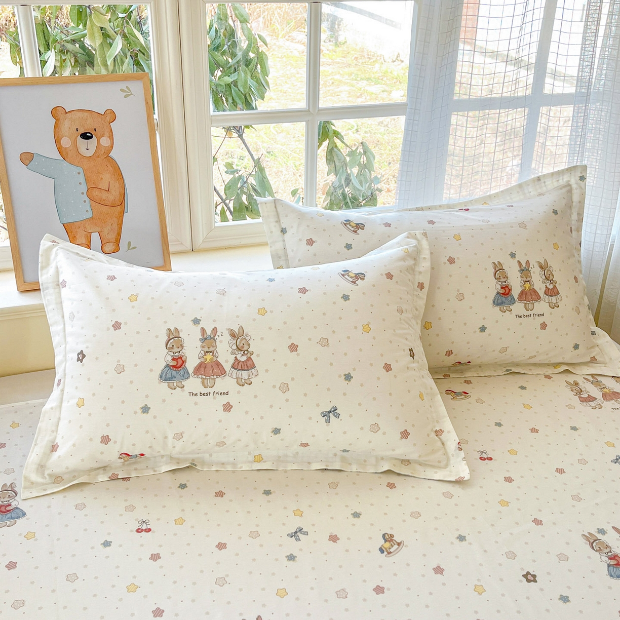 91家纺网 家纺一手货源 找家纺 铭成家纺 2026新款全棉印花小清新四件套（提供买家秀） 珍妮小兔