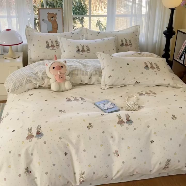 91家纺网 家纺一手货源 找家纺 铭成家纺 2026新款全棉印花小清新四件套（提供买家秀） 珍妮小兔