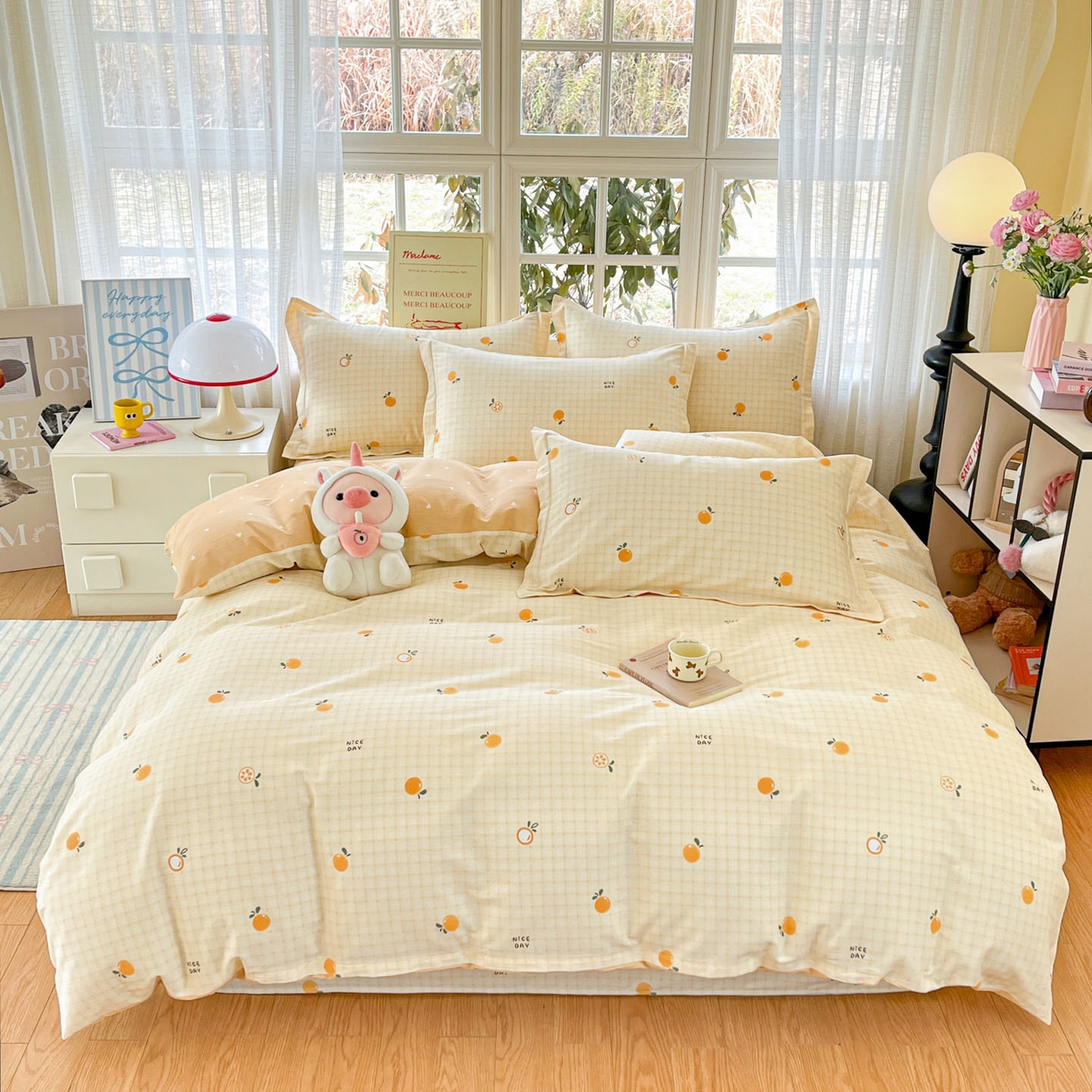 91家纺网 家纺一手货源 找家纺 铭成家纺 2026新款全棉印花小清新单被套（提供买家秀） 橘子格