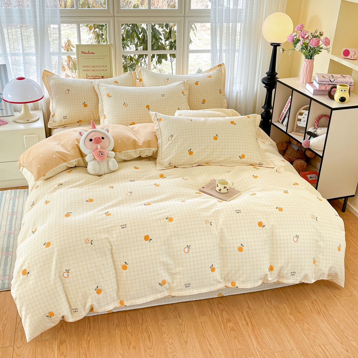 91家纺网 家纺一手货源 找家纺 铭成家纺 2026新款全棉印花小清新单被套（提供买家秀） 橘子格