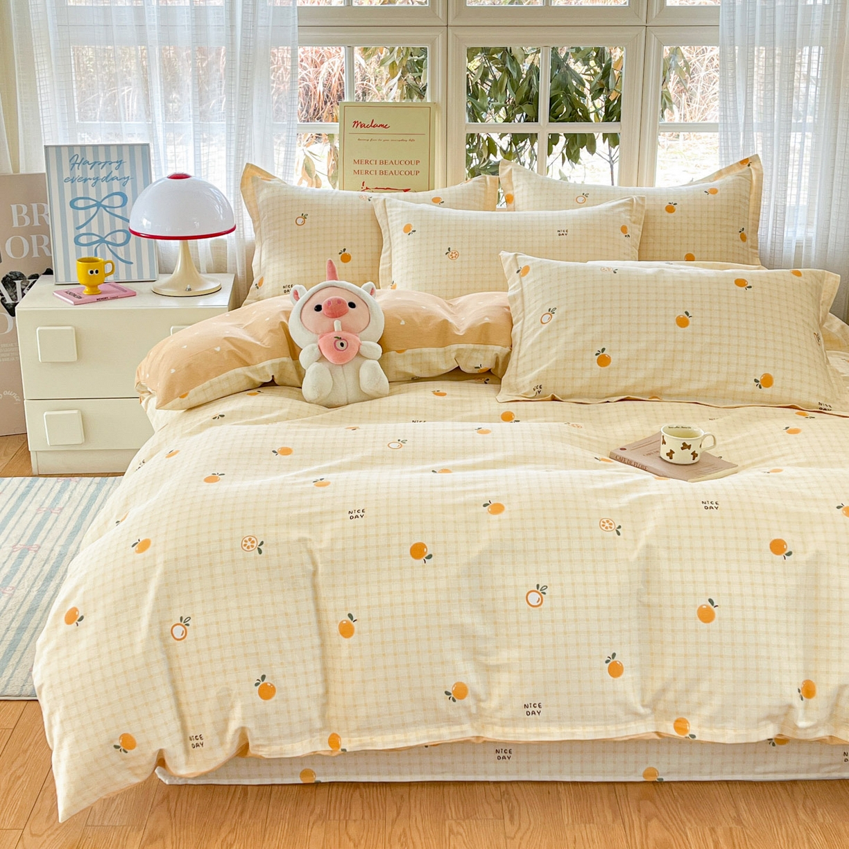 91家纺网 家纺一手货源 找家纺 铭成家纺 2026新款全棉印花小清新单被套（提供买家秀） 橘子格