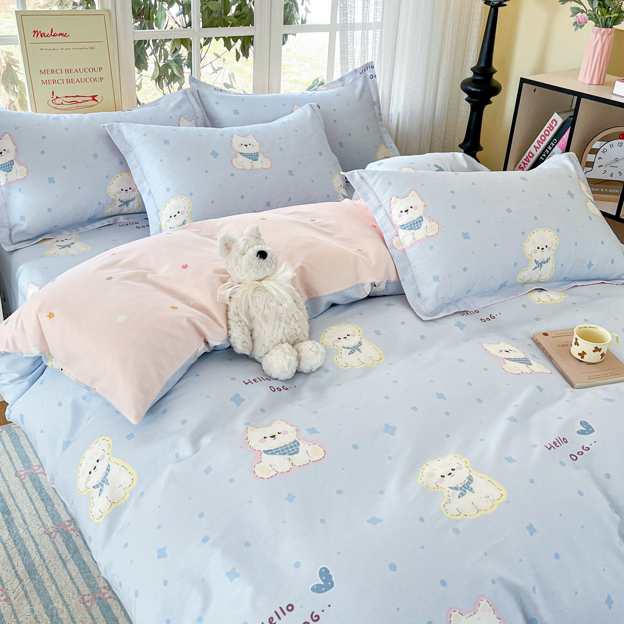 91家纺网 家纺一手货源 找家纺 铭成家纺 2026新款全棉印花小清新单被套（提供买家秀） 纳瑞小狗