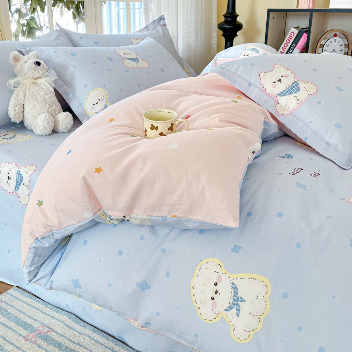 91家纺网 家纺一手货源 找家纺 铭成家纺 2026新款全棉印花小清新单被套（提供买家秀） 纳瑞小狗