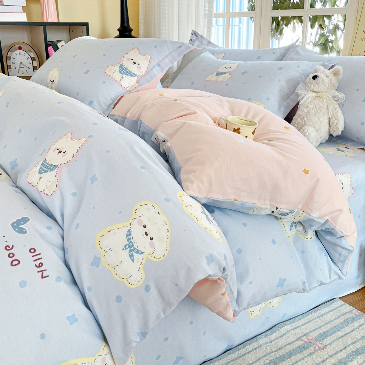 91家纺网 家纺一手货源 找家纺 铭成家纺 2026新款全棉印花小清新单被套（提供买家秀） 纳瑞小狗