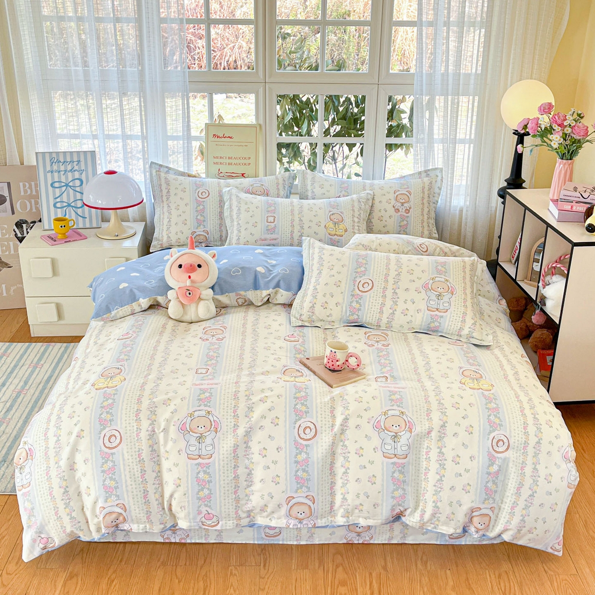 91家纺网 家纺一手货源 找家纺 铭成家纺 2026新款全棉印花小清新单被套（提供买家秀） 甜甜圈小熊