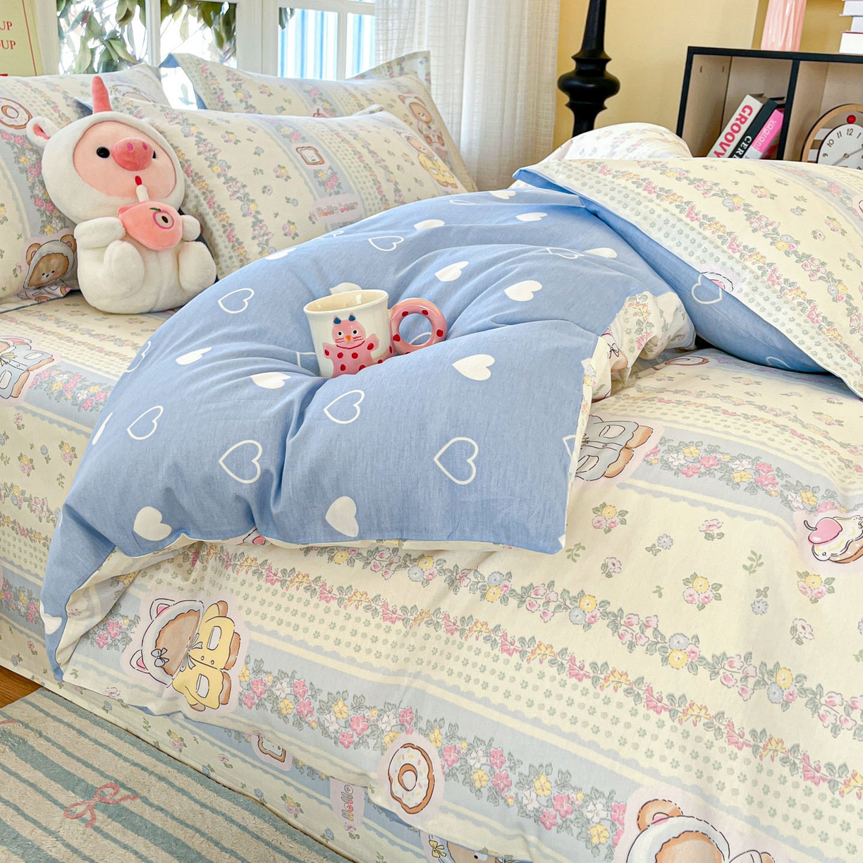 91家纺网 家纺一手货源 找家纺 铭成家纺 2026新款全棉印花小清新单被套（提供买家秀） 甜甜圈小熊