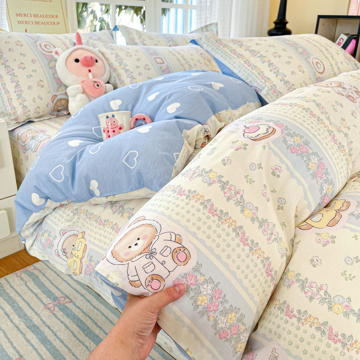 91家纺网 家纺一手货源 找家纺 铭成家纺 2026新款全棉印花小清新单被套（提供买家秀） 甜甜圈小熊