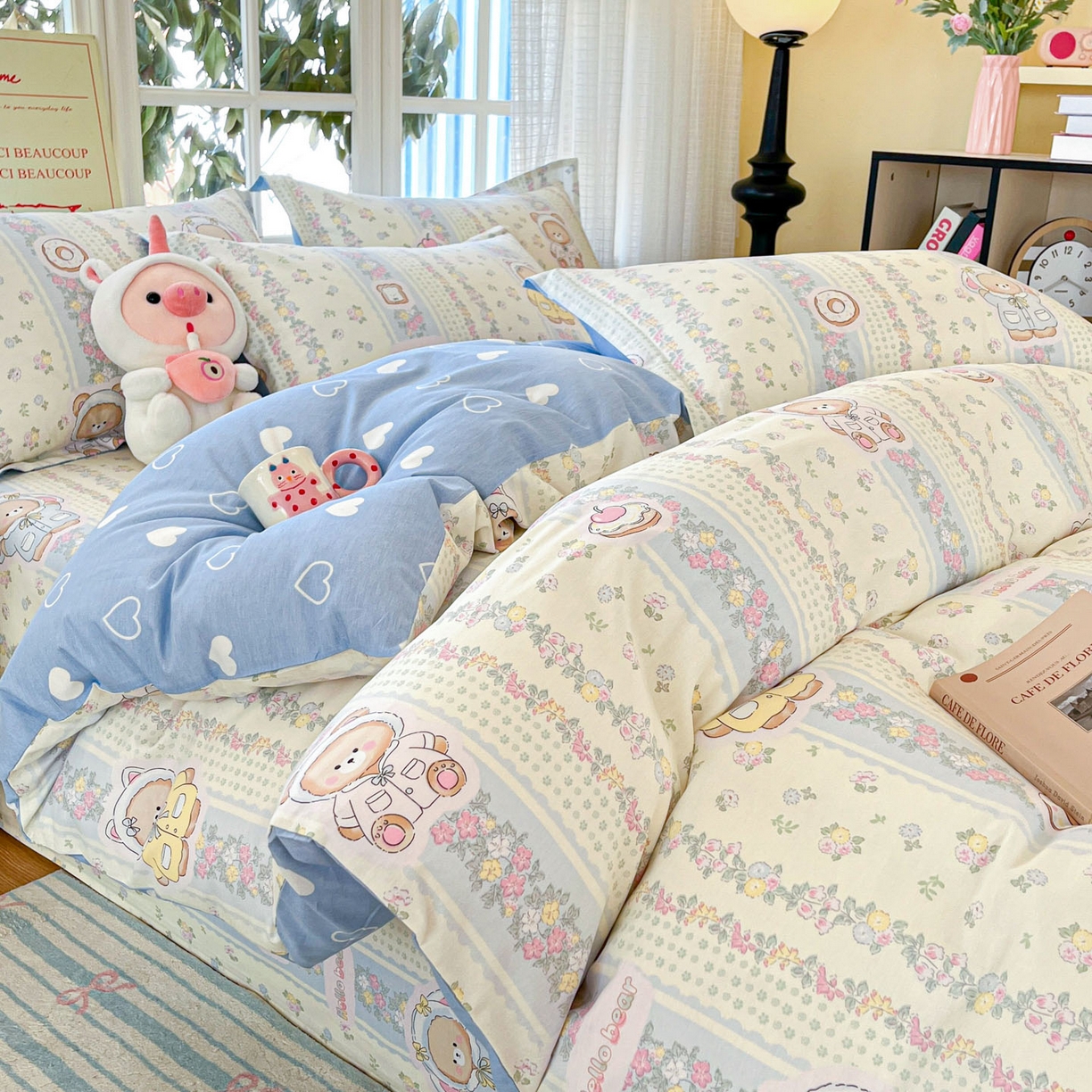 91家纺网 家纺一手货源 找家纺 铭成家纺 2026新款全棉印花小清新单被套（提供买家秀） 甜甜圈小熊