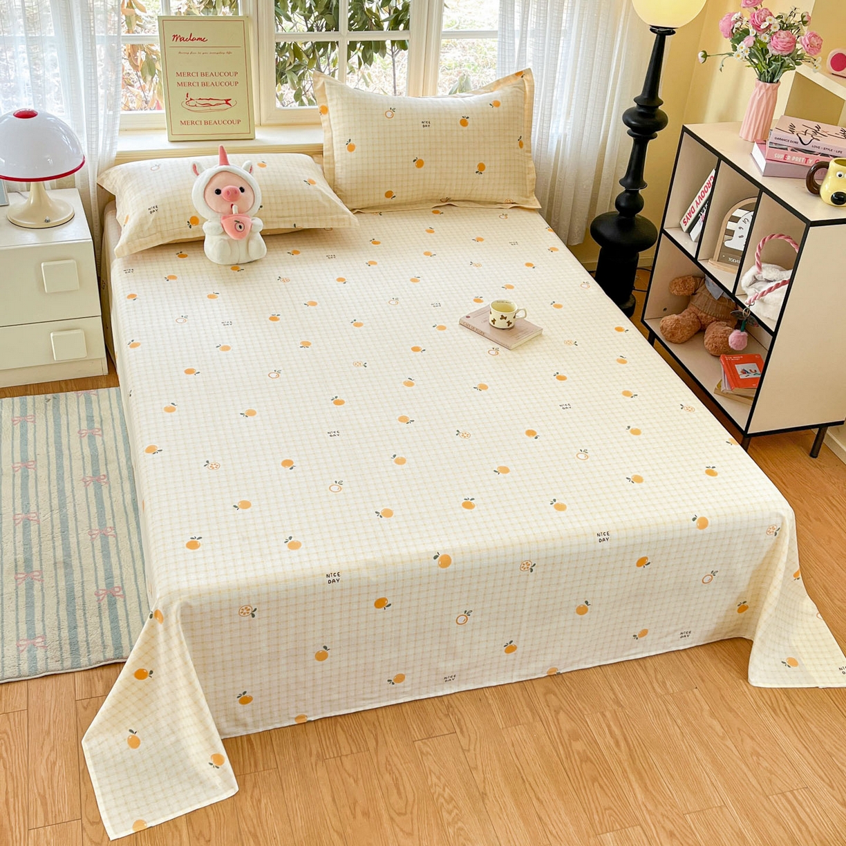 91家纺网 家纺一手货源 找家纺 铭成家纺 2026新款全棉印花小清新单床单（提供买家秀） 橘子格
