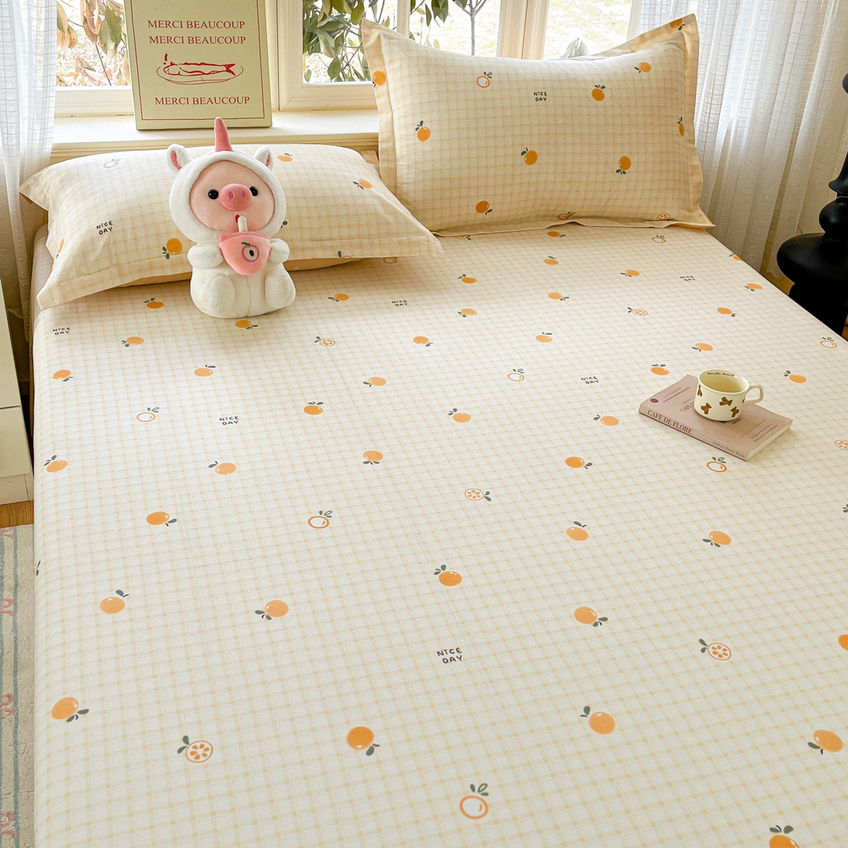 91家纺网 家纺一手货源 找家纺 铭成家纺 2026新款全棉印花小清新单床单（提供买家秀） 橘子格