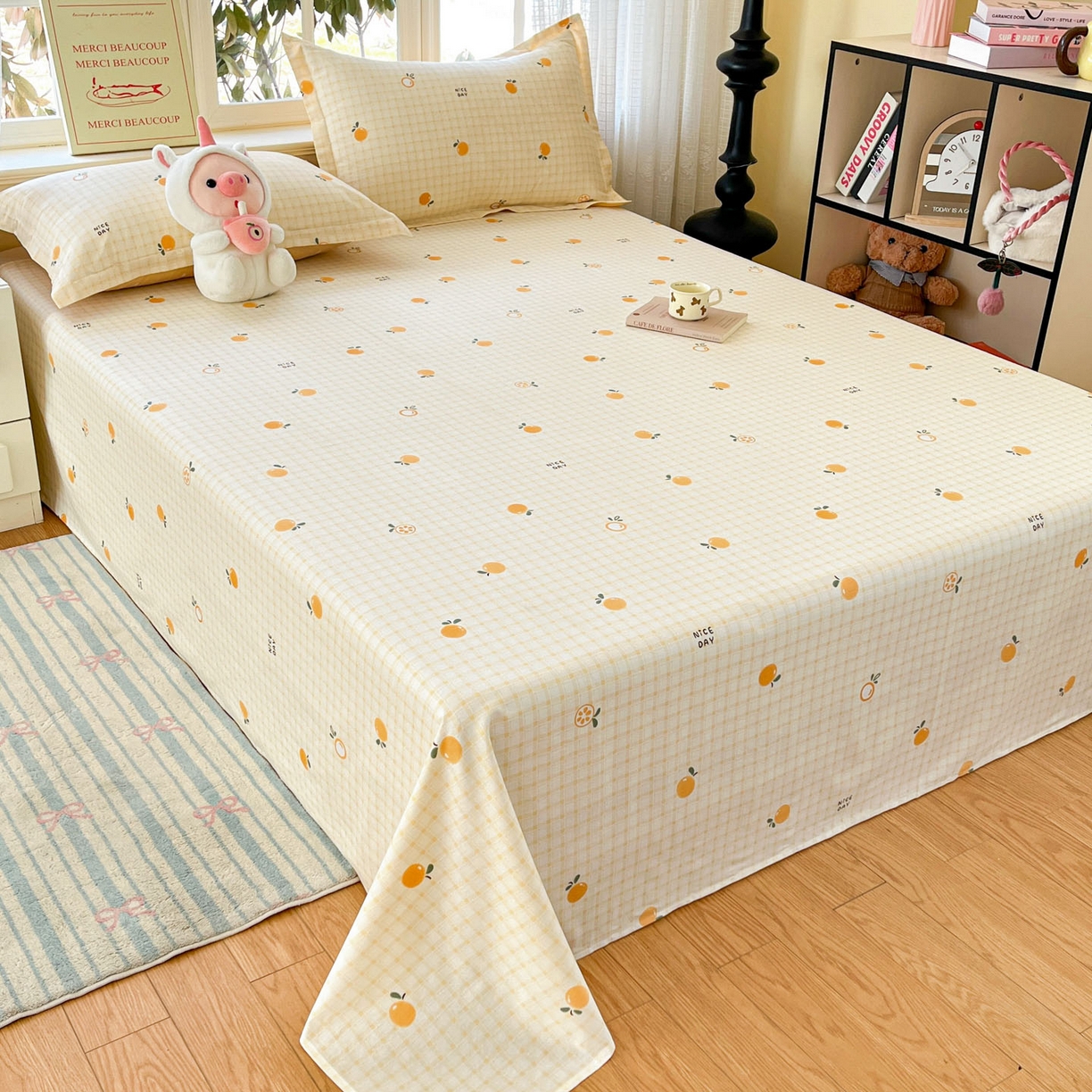 91家纺网 家纺一手货源 找家纺 铭成家纺 2026新款全棉印花小清新单床单（提供买家秀） 橘子格