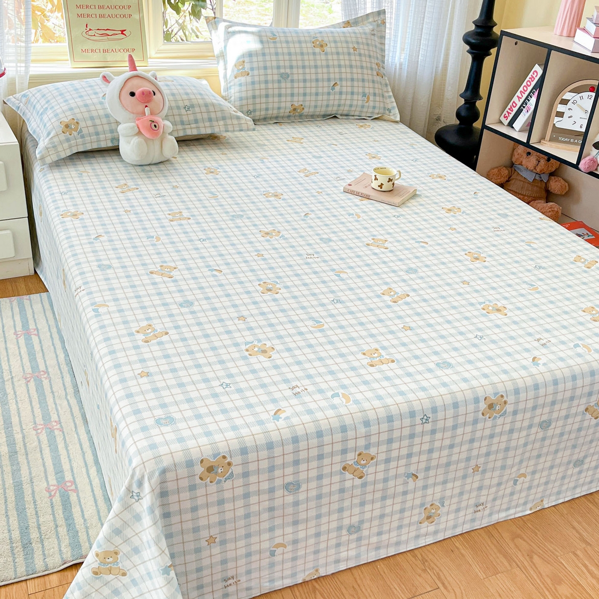 91家纺网 家纺一手货源 找家纺 铭成家纺 2026新款全棉印花小清新单床单（提供买家秀） 卡其小熊