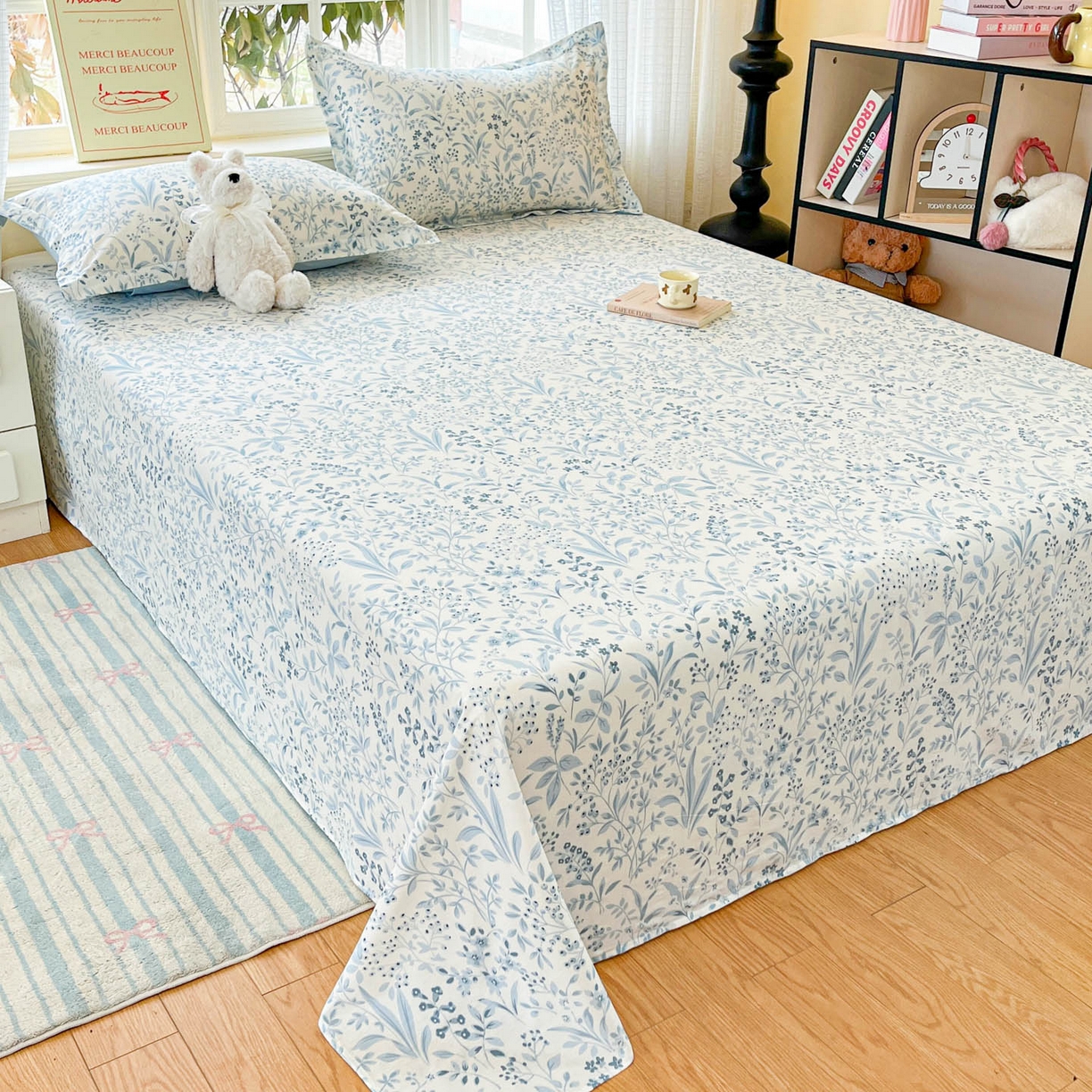 91家纺网 家纺一手货源 找家纺 铭成家纺 2026新款全棉印花小清新单床单（提供买家秀） 蓝沫