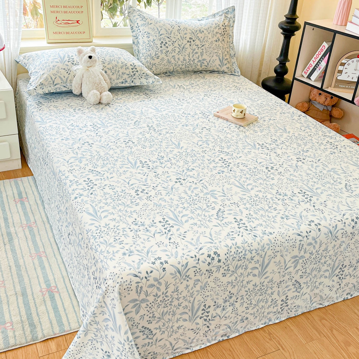 91家纺网 家纺一手货源 找家纺 铭成家纺 2026新款全棉印花小清新单床单（提供买家秀） 蓝沫