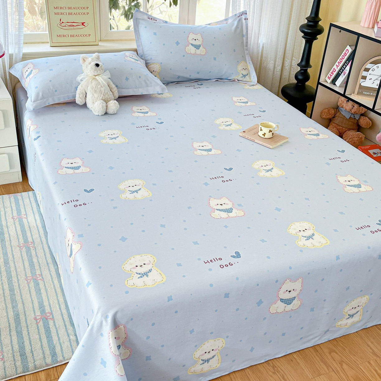 91家纺网 家纺一手货源 找家纺 铭成家纺 2026新款全棉印花小清新单床单（提供买家秀） 纳瑞小狗