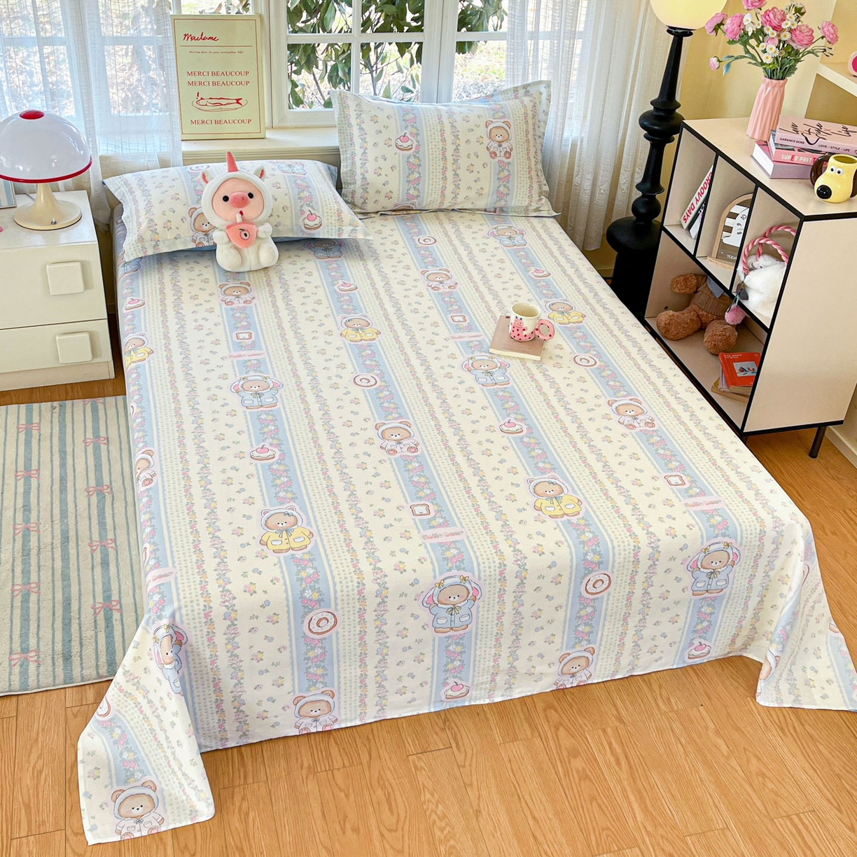 91家纺网 家纺一手货源 找家纺 铭成家纺 2026新款全棉印花小清新单床单（提供买家秀） 甜甜圈小熊