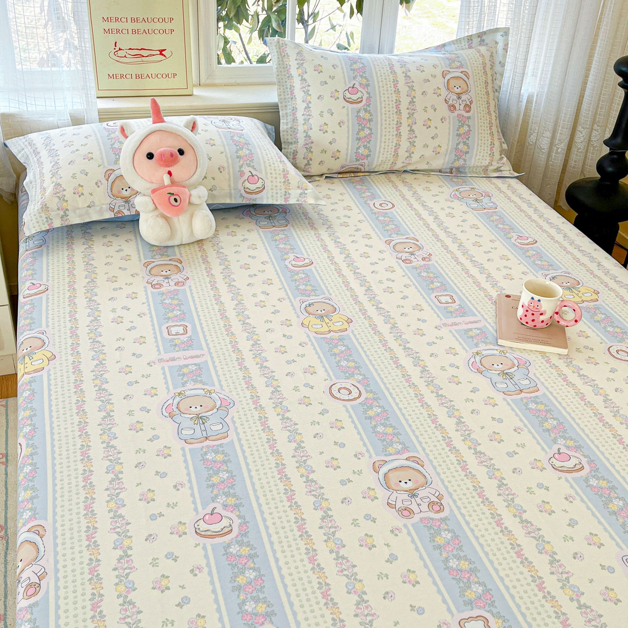 91家纺网 家纺一手货源 找家纺 铭成家纺 2026新款全棉印花小清新单床单（提供买家秀） 甜甜圈小熊