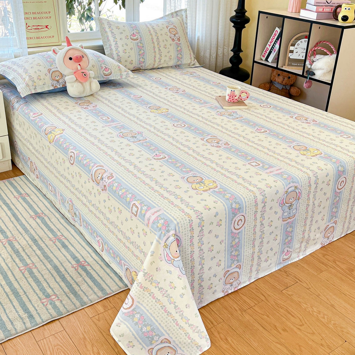 91家纺网 家纺一手货源 找家纺 铭成家纺 2026新款全棉印花小清新单床单（提供买家秀） 甜甜圈小熊