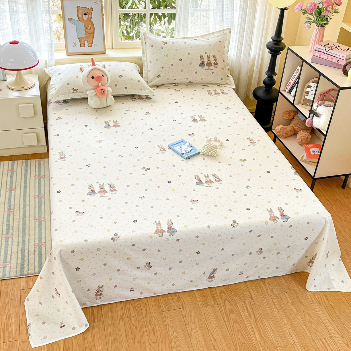 91家纺网 家纺一手货源 找家纺 铭成家纺 2026新款全棉印花小清新单床单（提供买家秀） 珍妮小兔